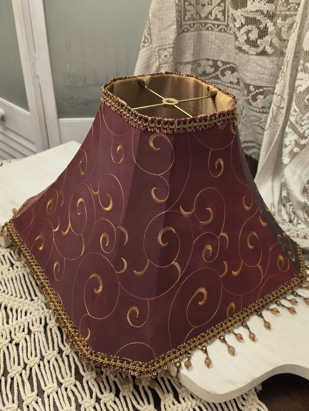 Vintage Victorian Style Burgundy Gold Fabric Square Bell Lampshade Beaded Fringe
